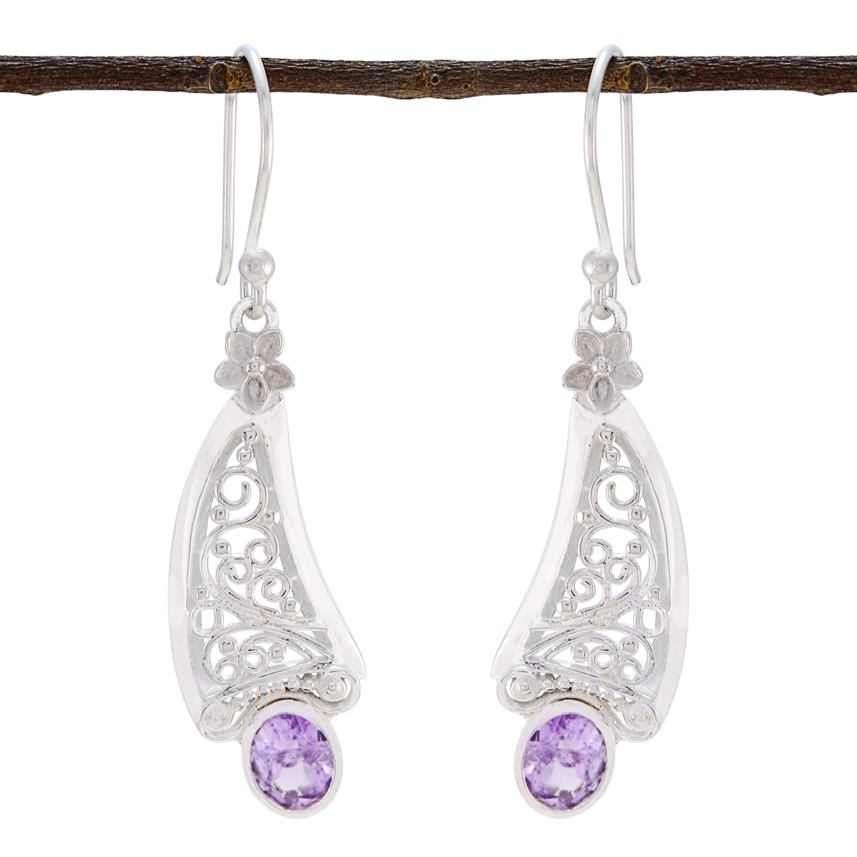 Katharina Purple Gemstone Dangle Earrings in Silver Amethyst Purple Dangle