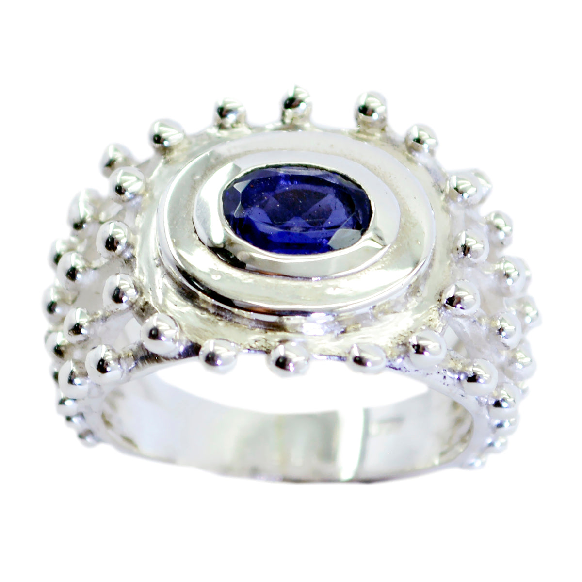 Meera Retro Blue Solitaire Ring with Silver Beaded Design Iolite Blue