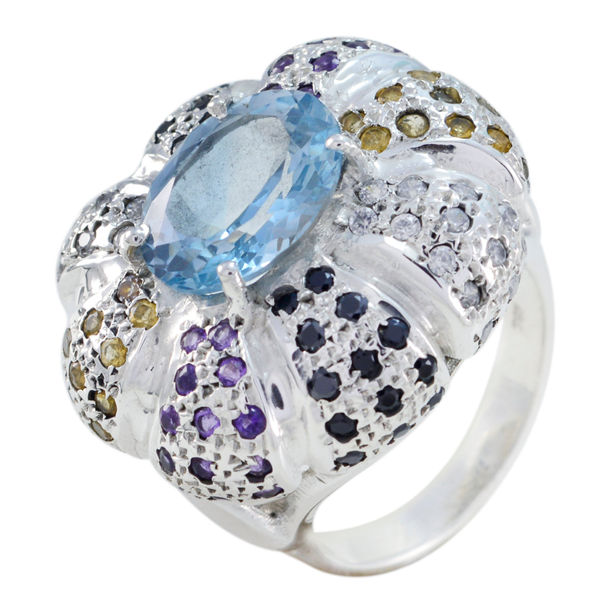Sarah Multicolor Cocktail Halo Ring with Blue Gemstone Multi Stone Multicolor