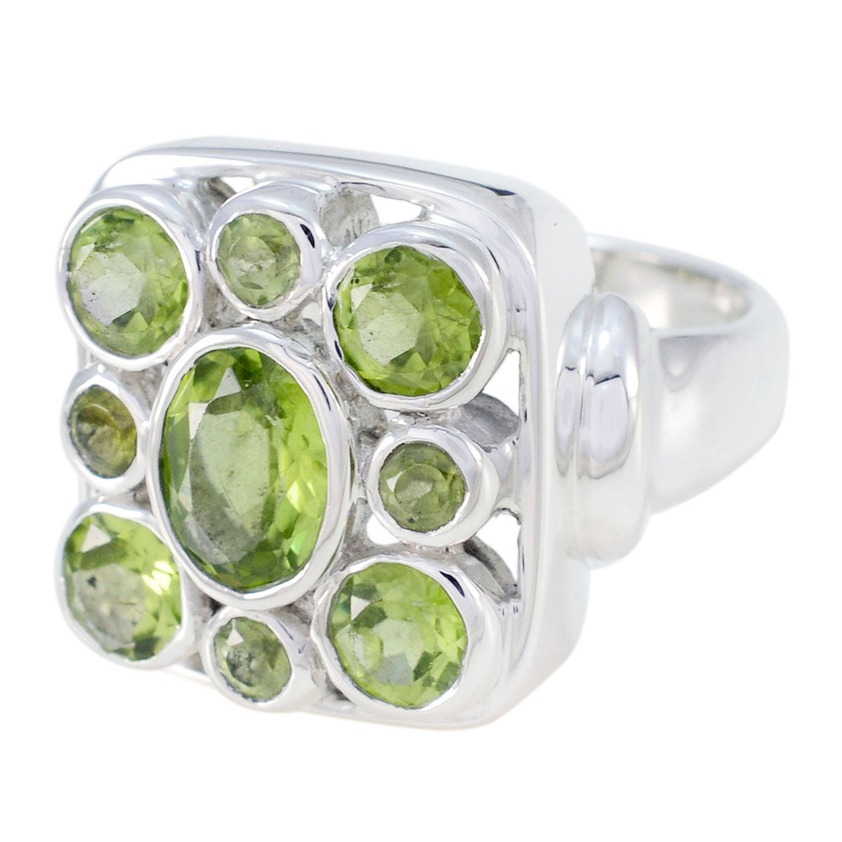 NIa sterling silver navratna green gemstone ring with square cluster of nine peridot stones