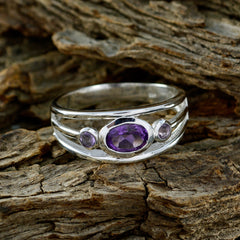 Tereza abstract purple gemstone ring with three purple stones set in silver band