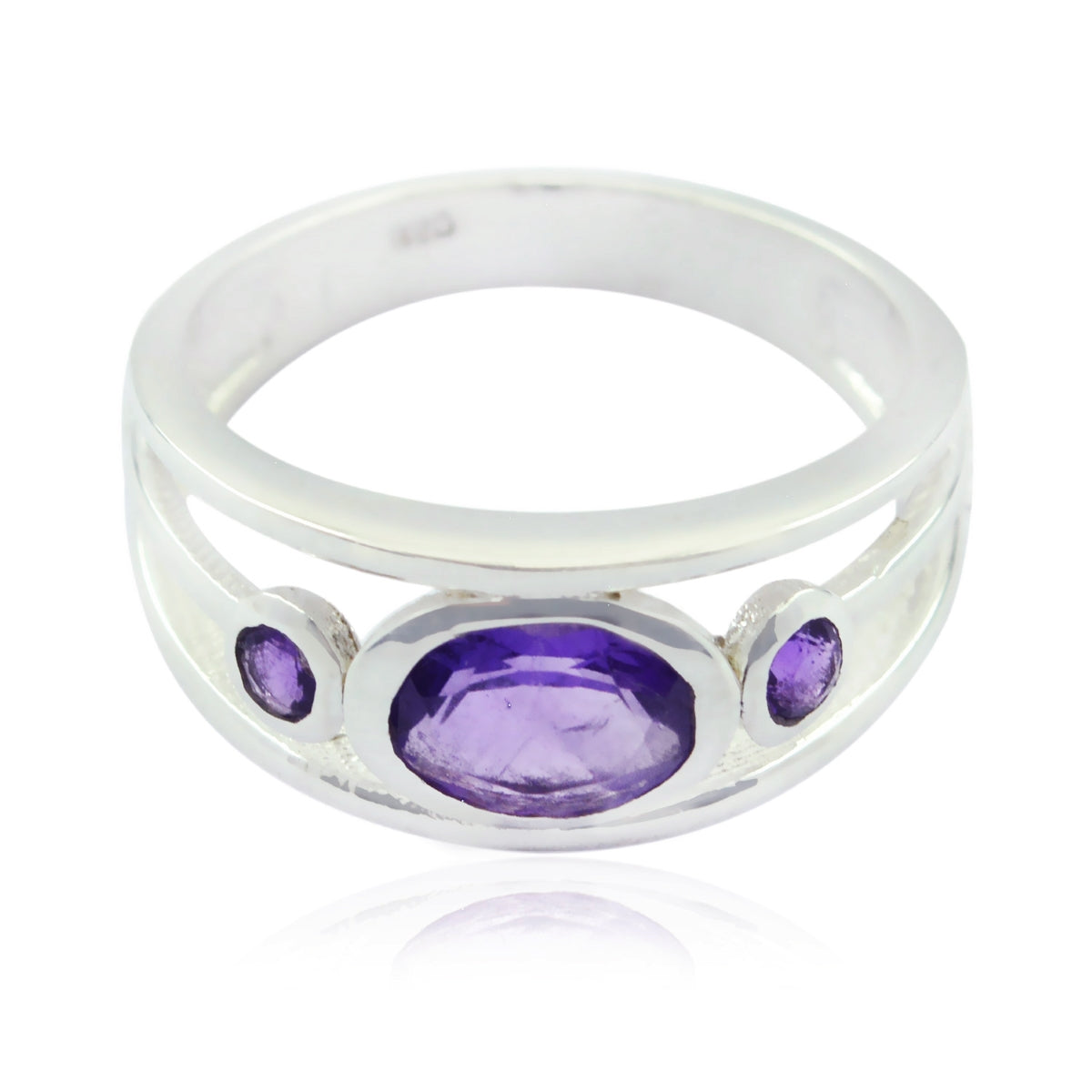 Tereza silver abstract purple gemstone ring with three purple stones in a modern design
