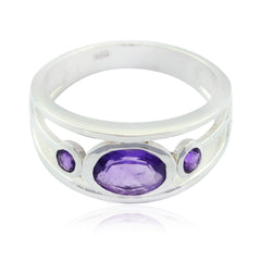 Tereza silver abstract purple gemstone ring with three purple stones in a modern design