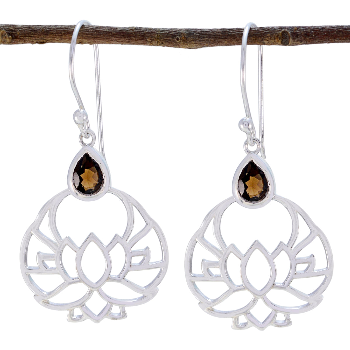 Andrea Brown Dangle Earrings with Lotus Design Smoky Quartz Brown Dangle