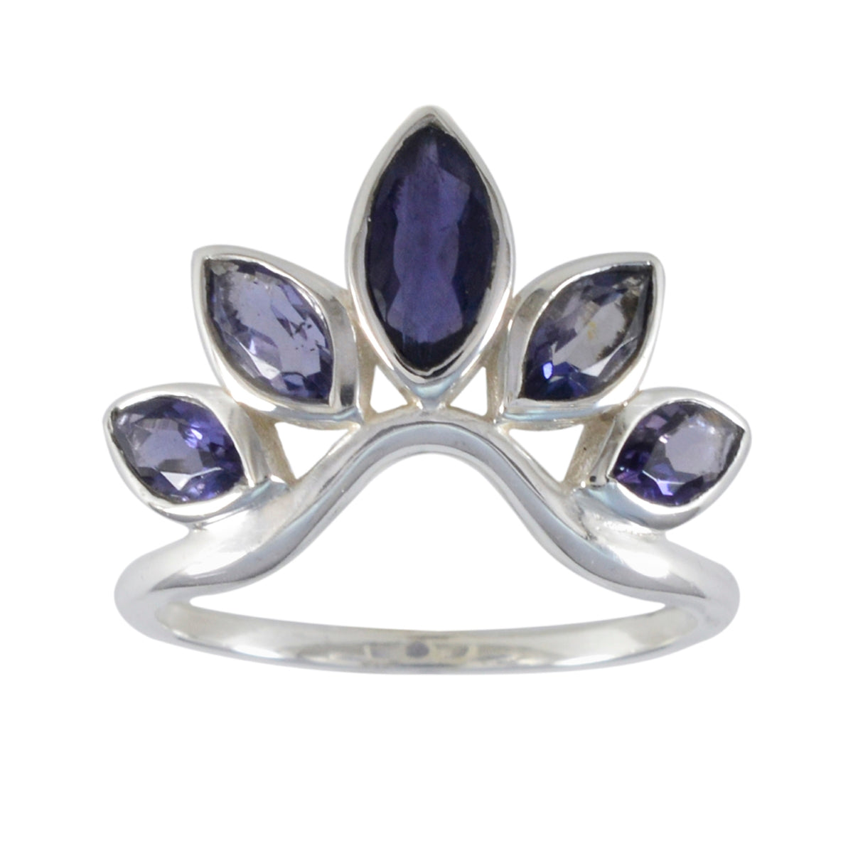Naomi sterling silver ring with five marquise blue stones in a tiara layout blue gemstone crown ring