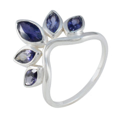 Naomi blue gemstone crown ring in sterling silver with five marquise blue stones on an open curved band