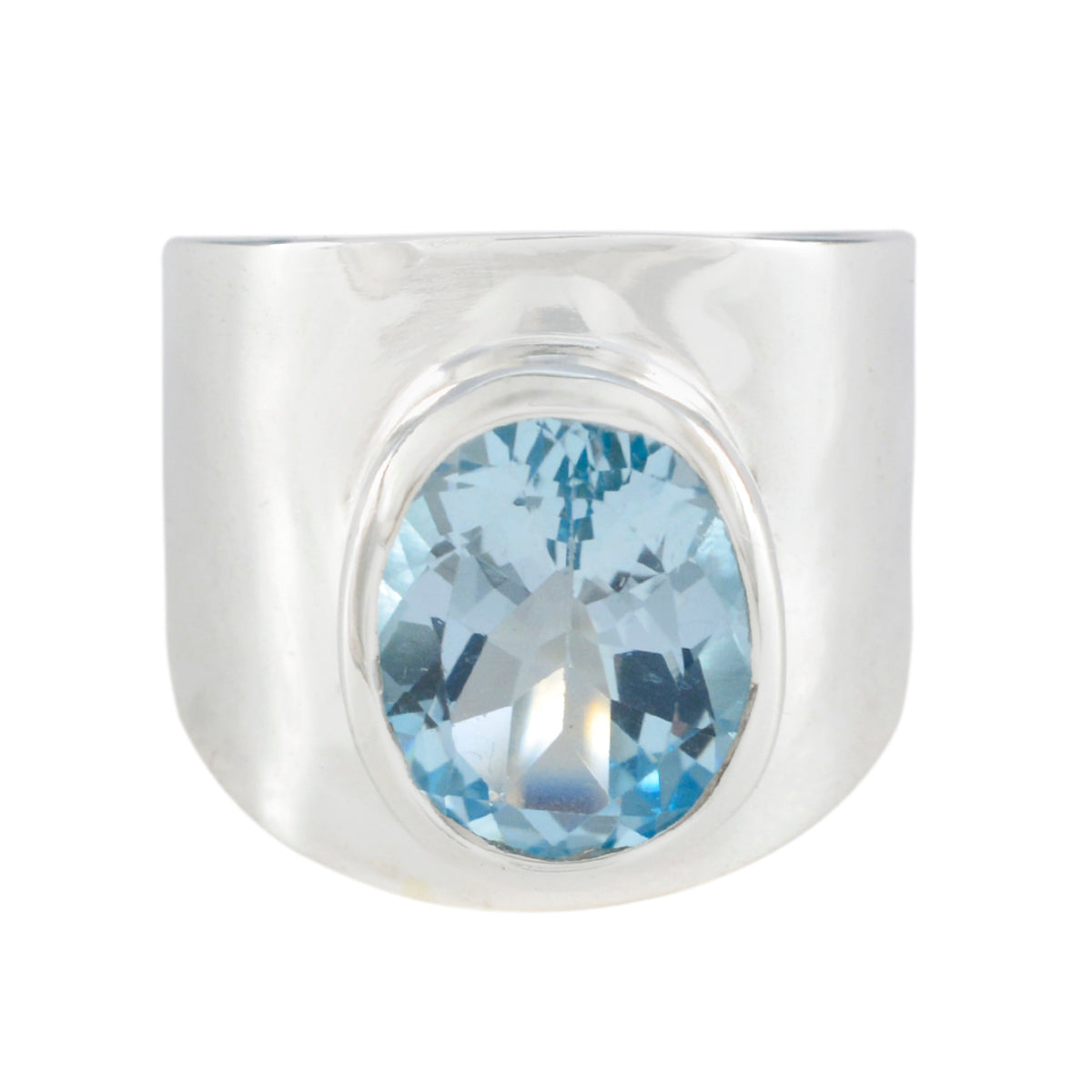 Bianca blue gemstone solitaire ring with wide silver band and oval blue stone centerpiece
