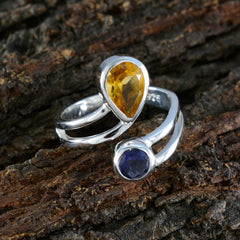 Ines artisan multicolor toi et moi ring with yellow and blue gemstones on silver band