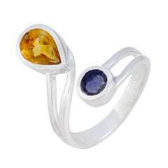 Ines artisan multicolor toi et moi ring with yellow and blue gemstones in silver setting