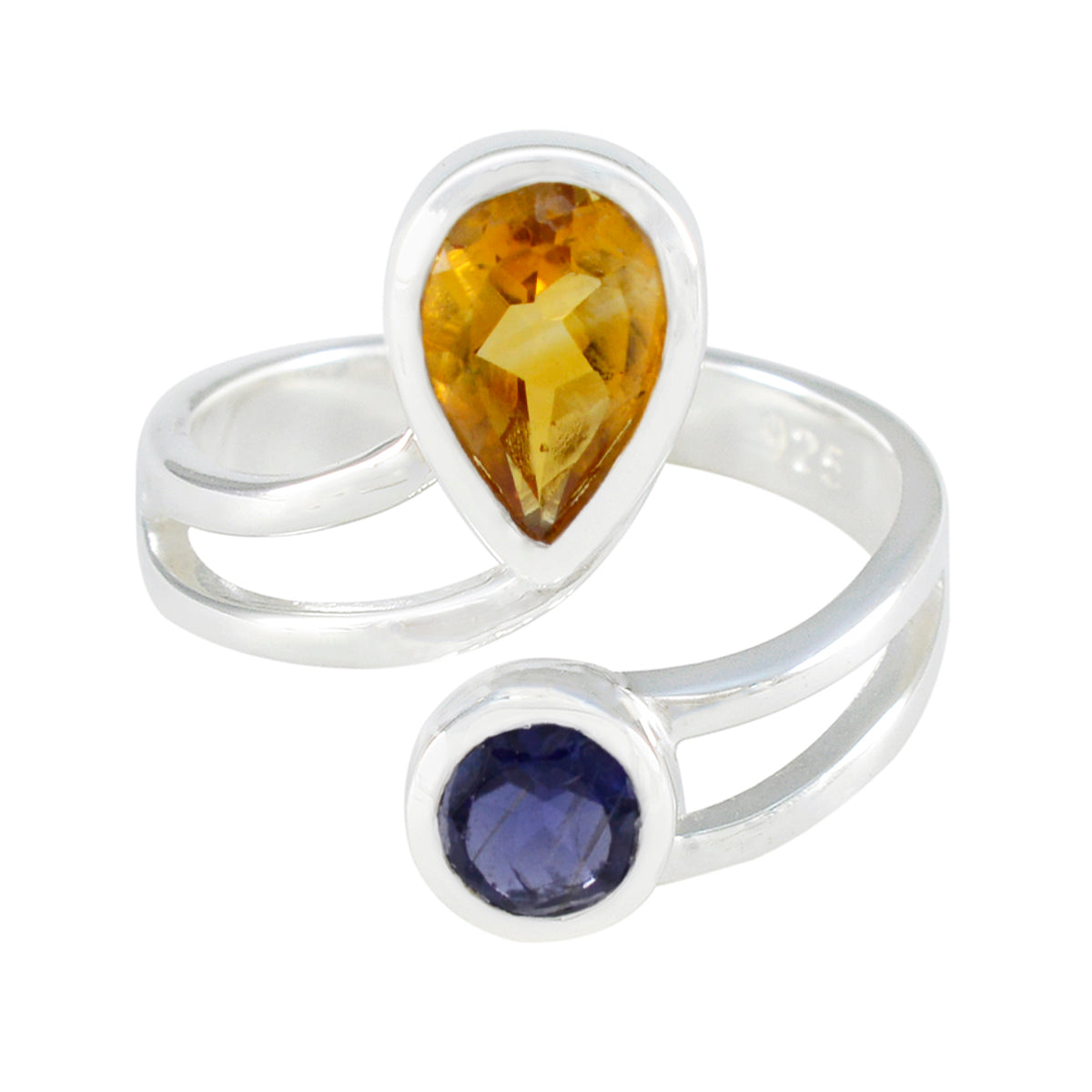 Ines artisan multicolor toi et moi ring with pear-shaped yellow and round blue gemstones in silver band