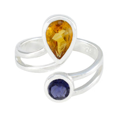 Ines artisan multicolor toi et moi ring with pear-shaped yellow and round blue gemstones in silver band