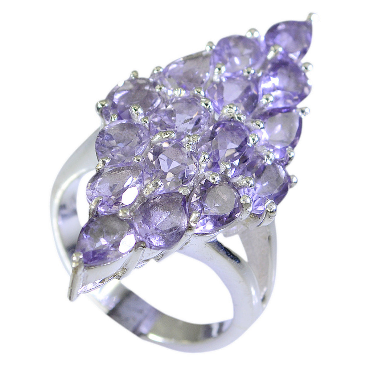 Natcha purple gemstone cocktail ring with clustered pear and round purple stones set in sterling silver