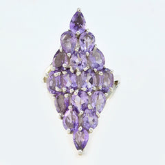 Natcha purple gemstone cocktail ring with clustered pear shaped amethyst stones in silver marquise design