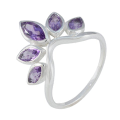 Ella purple gemstone crown ring with silver band and five marquise purple stones forming a crown