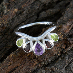 Meera sterling silver multicolor gemstone penta ring with pear cut amethyst garnet and peridot accents