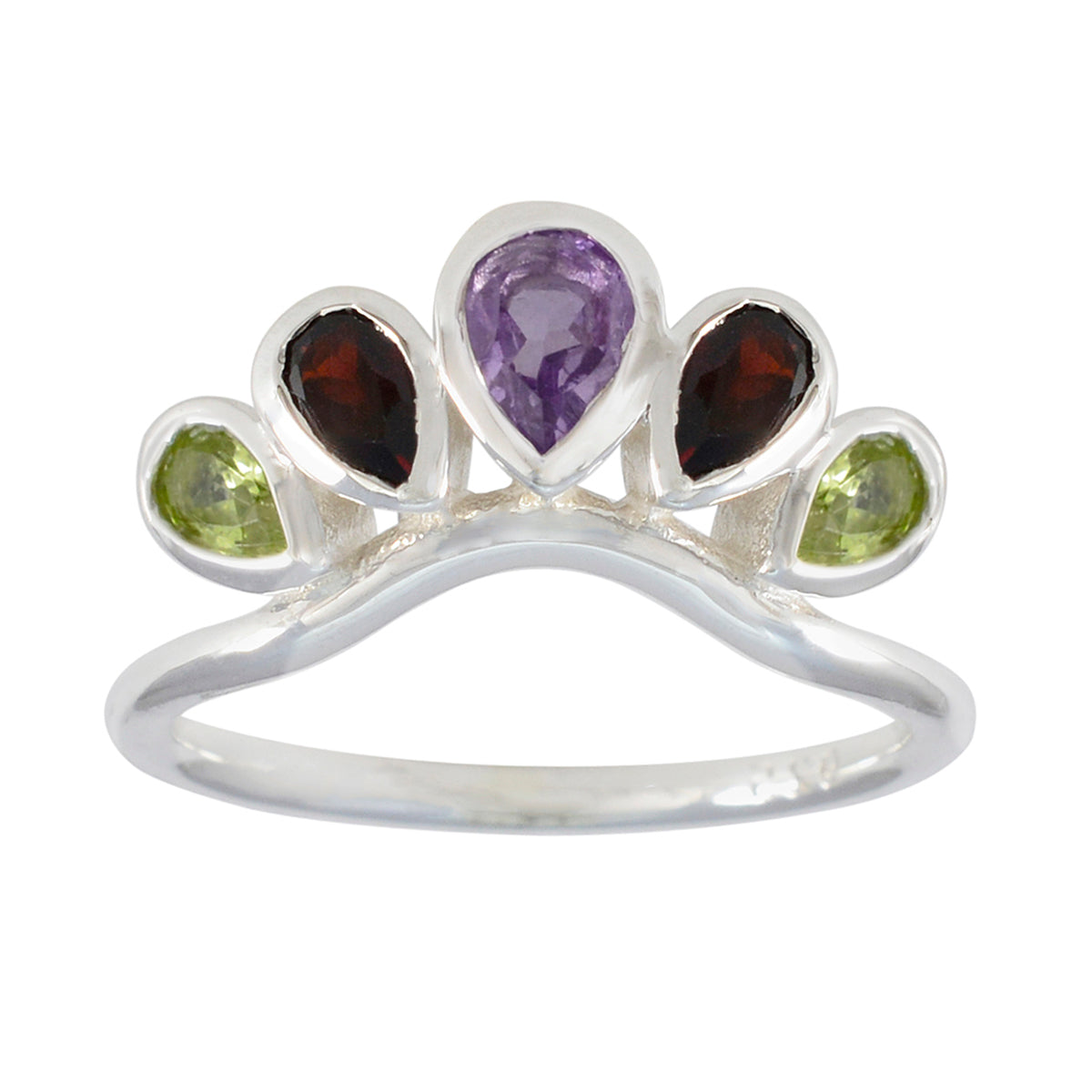 Meera multicolor gemstone penta ring sterling silver crown style with pear cut amethyst garnet peridot
