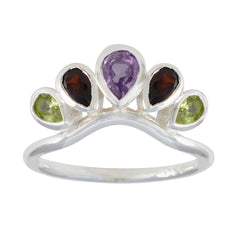 Meera multicolor gemstone penta ring sterling silver crown style with pear cut amethyst garnet peridot