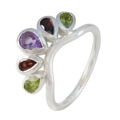 Meera sterling silver ring with five pear shaped colored stones multicolor gemstone penta ring for everyday wear