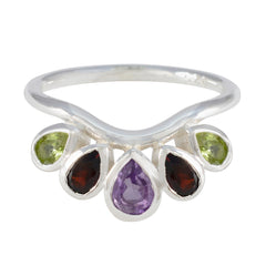 Meera sterling silver ring multicolor gemstone penta ring with amethyst center flanked by garnet and peridot