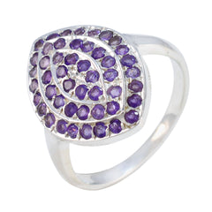 Priya sterling silver ring with concentric pave purple stones featuring abstract purple gemstone ring design