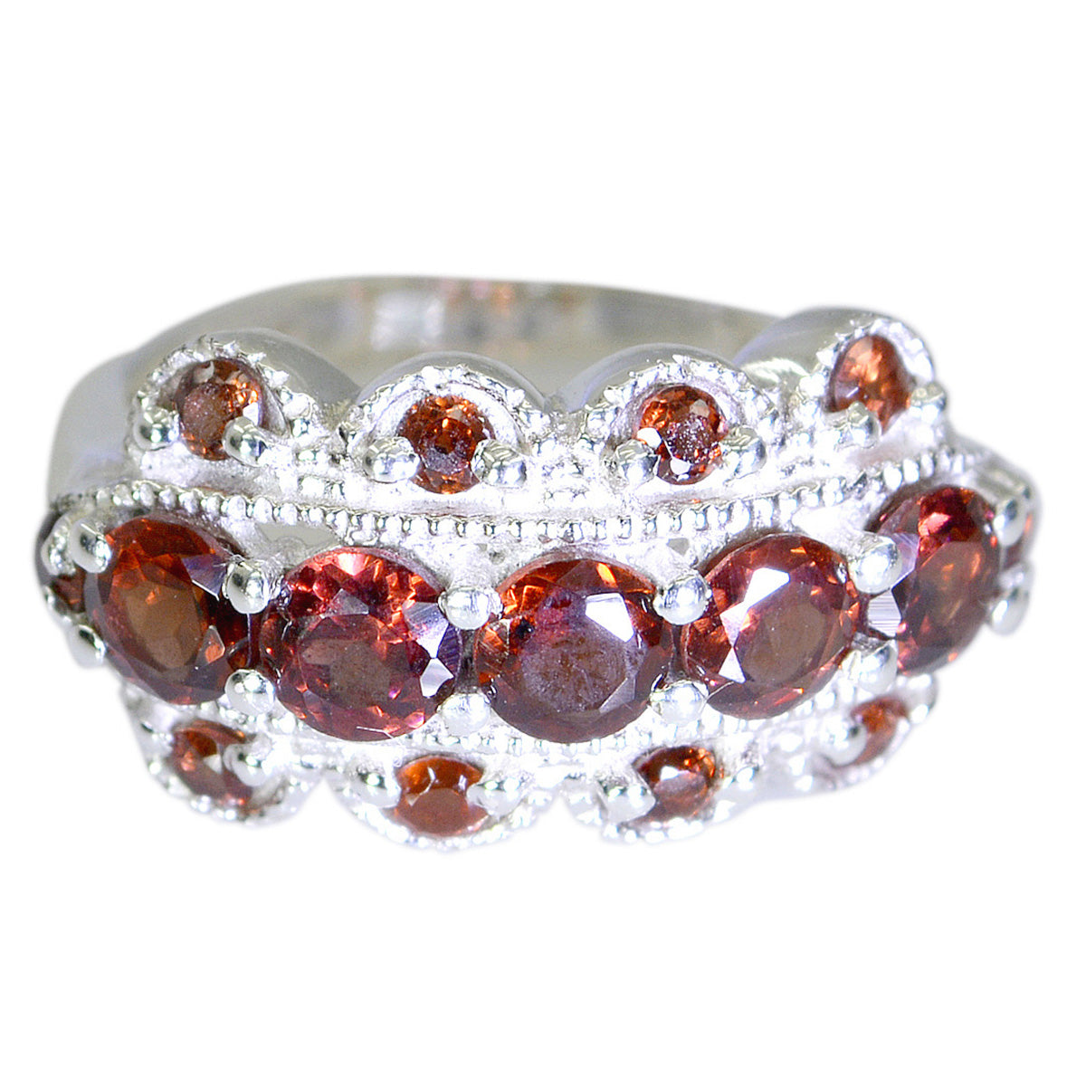 Sophia silver red gemstone statement ring with multiple round garnet stones and milgrain detailing
