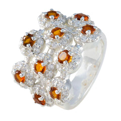 Liyana modern yellow gemstone ring silver cluster of orange yellow stones with halo diamonds on wide band