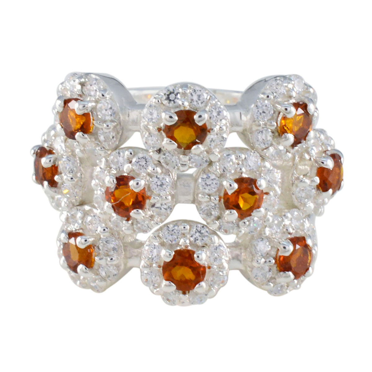 Liyana modern yellow gemstone ring featuring nine round orange stones with diamond halos