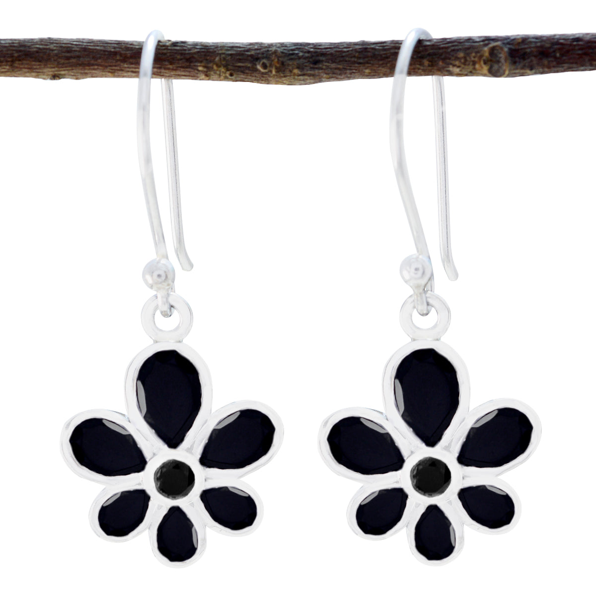 Jia Black Dangle Earrings in Floral Design Black Onyx Black Dangle