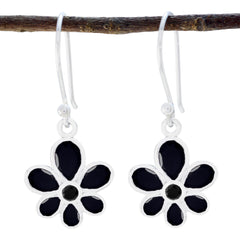 Jia Black Dangle Earrings in Floral Design Black Onyx Black Dangle