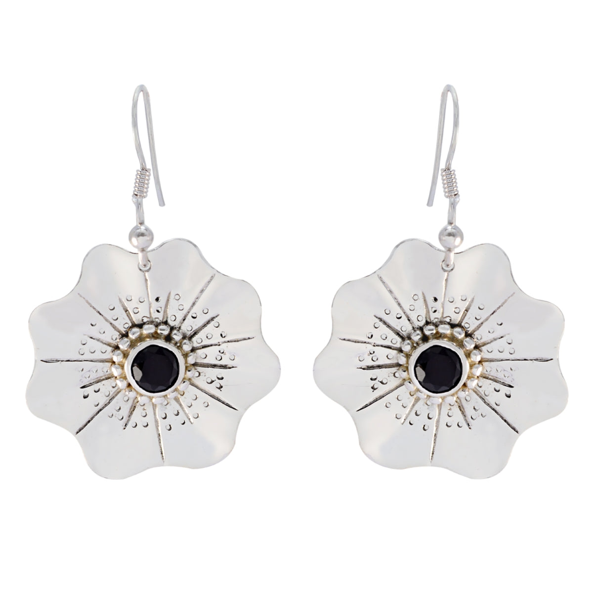 Aaliyah Black Solitaire Dangle Earrings - Chic Floral Design Black Onyx Black Dangle