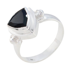 Laura black solitaire ring with triangular black stone set in polished silver band