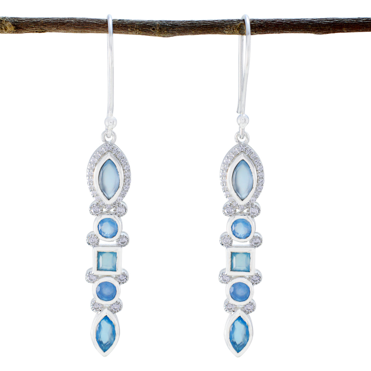 Sara Blue Dangle Earrings with Gemstone Accents Blue Chalcedony Blue Dangle