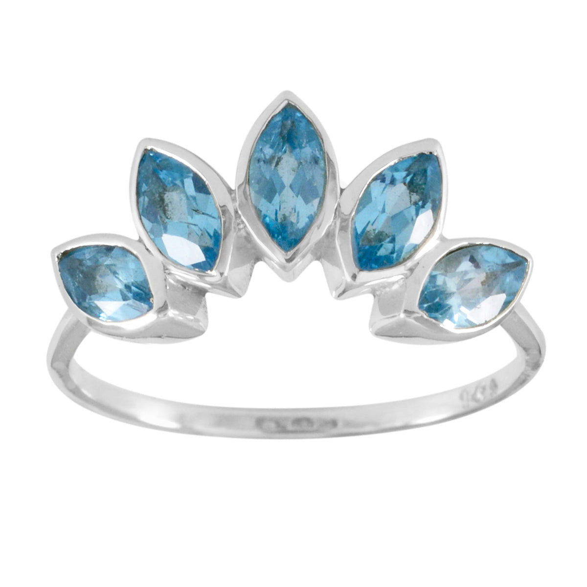Haruka silver blue gemstone crown ring with five marquise-cut blue stones in a crown design