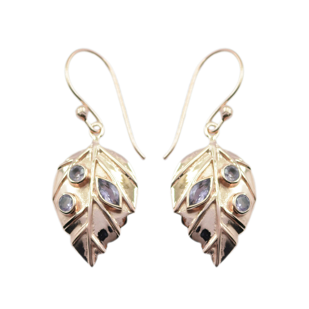 Isabella Blue Gemstone Earrings with Leaf Design Iolite Blue Dangle