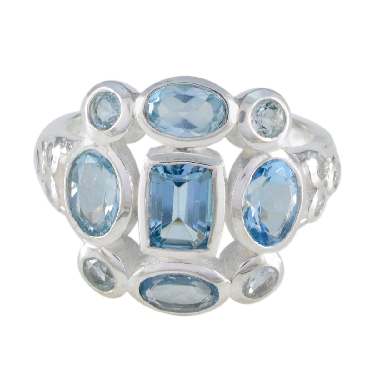 Dewi blue navratna gemstone ring featuring multiple sparkling blue stones set in silver