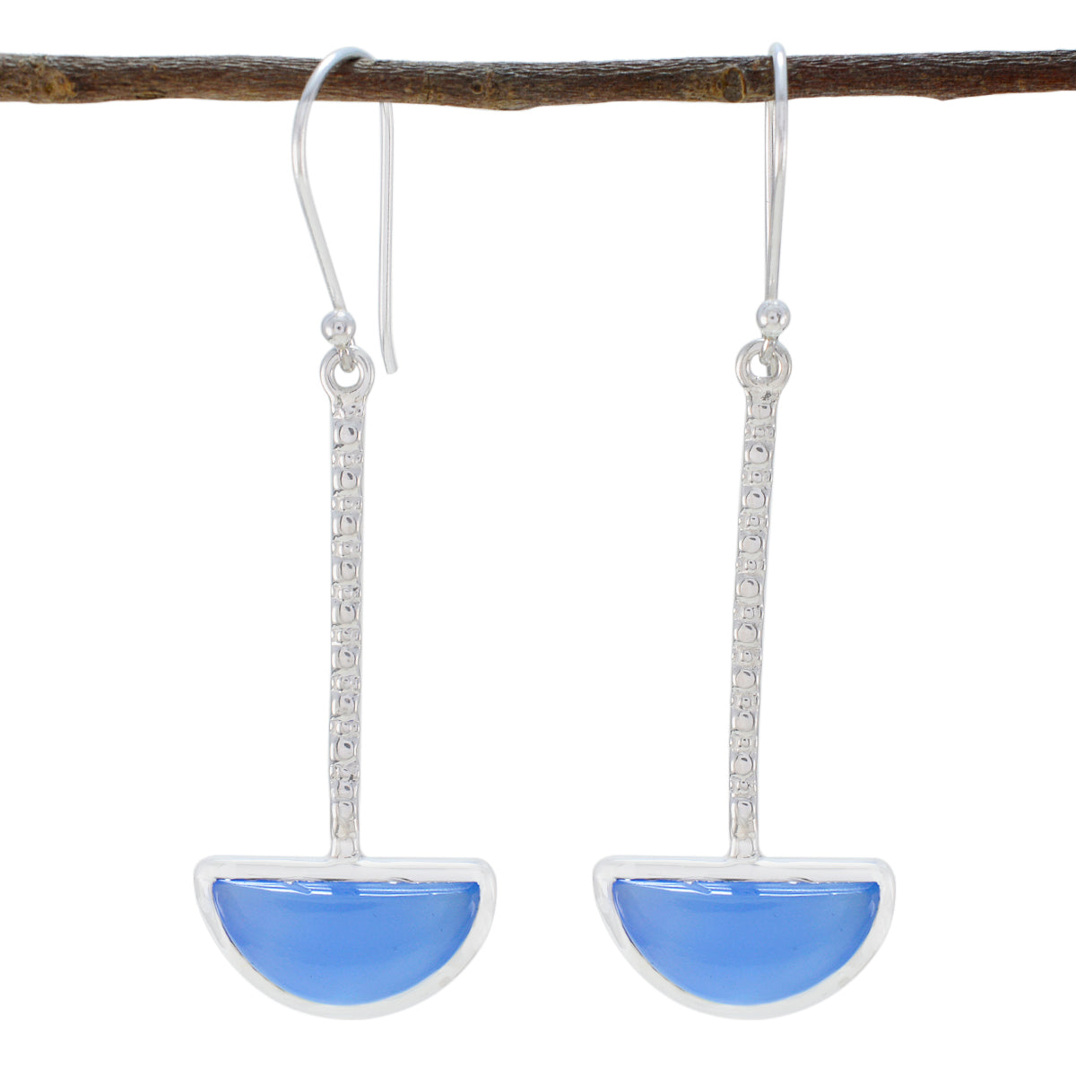 Florencia Blue Solitaire Dangle Earrings - Elegant Design Blue Chalcedony Blue Dangle