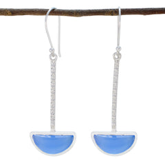 Florencia Blue Solitaire Dangle Earrings - Elegant Design Blue Chalcedony Blue Dangle