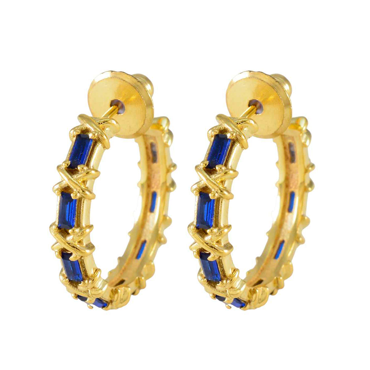 Abigail Blue Stud Earrings India - Gemstone Gold Hoops Blue Sapphire CZ Blue Stud
