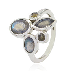 Violet boho gemstone ring with multiple labradorite stones set in silver band