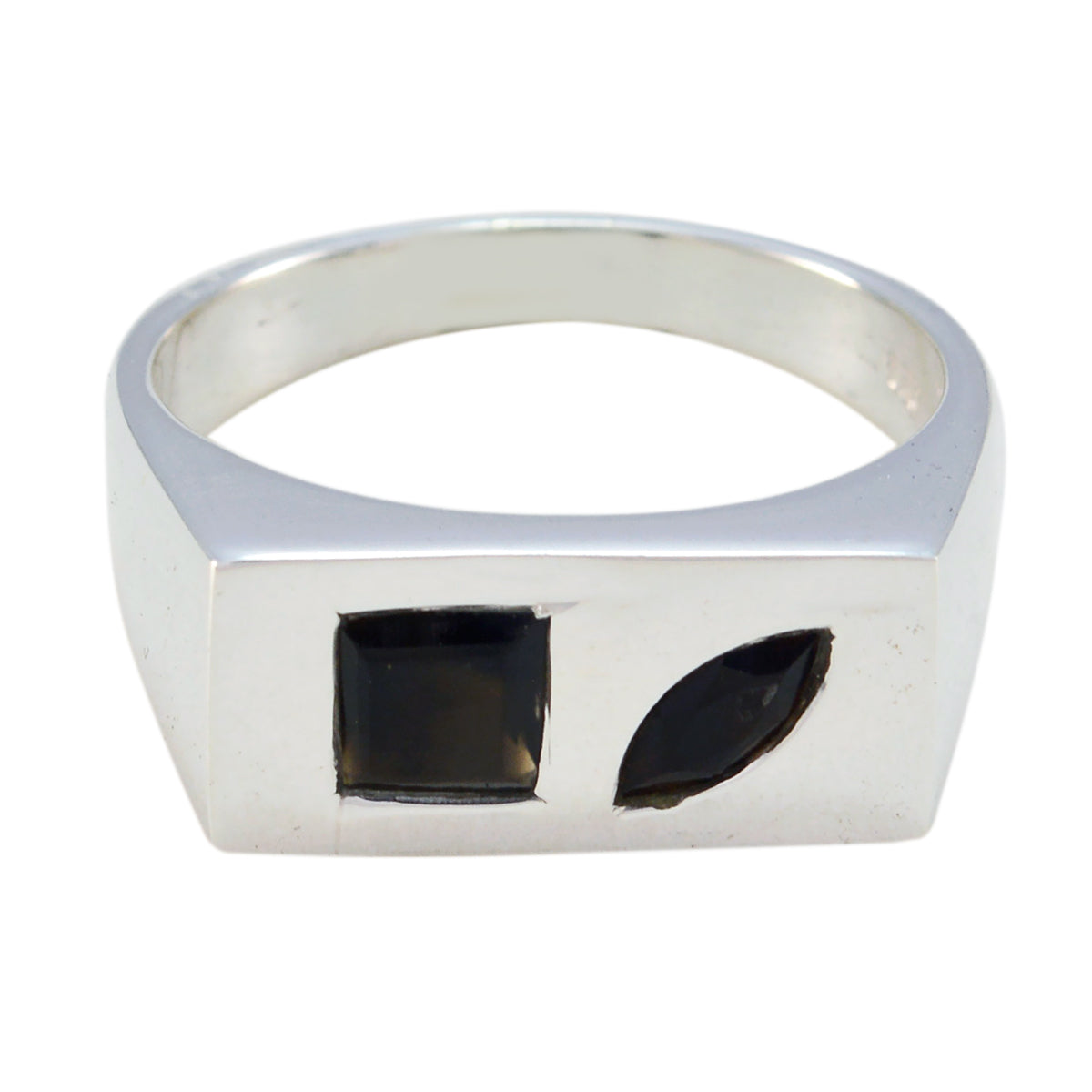 Violet silver ring with square and leaf shaped black stones boho toi et moi ring design