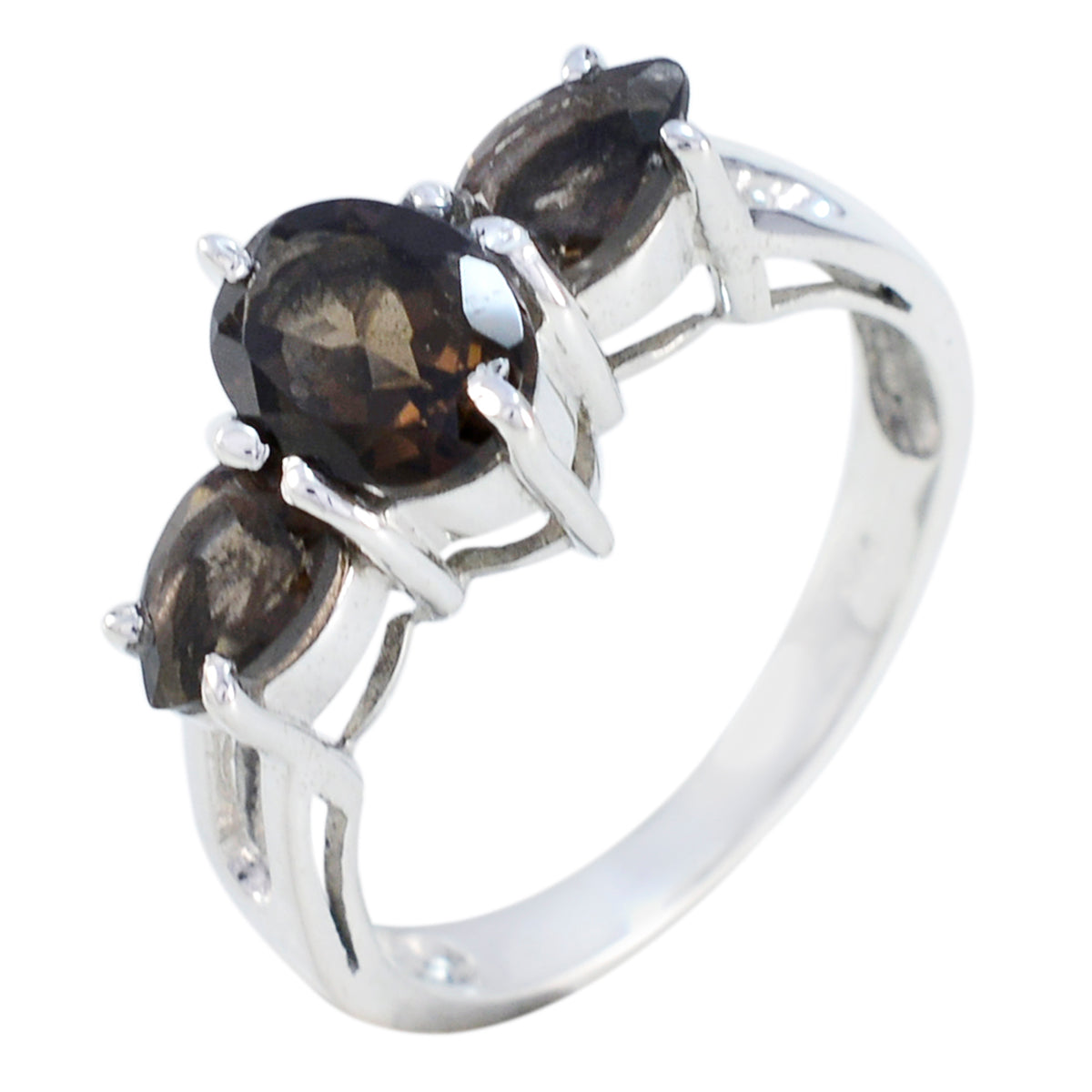 Jiwoo silver ring featuring a brown gemstone trilogy ring design with three brown stones set in prongs