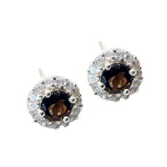 Ji-eun Brown Stud Earrings with Gemstone Halo Design