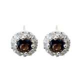 Ji-eun Brown Stud Earrings with Gemstone Halo Design Smoky Quartz Brown Stud