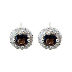 Ji-eun Brown Stud Earrings with Gemstone Halo Design Smoky Quartz Brown Stud