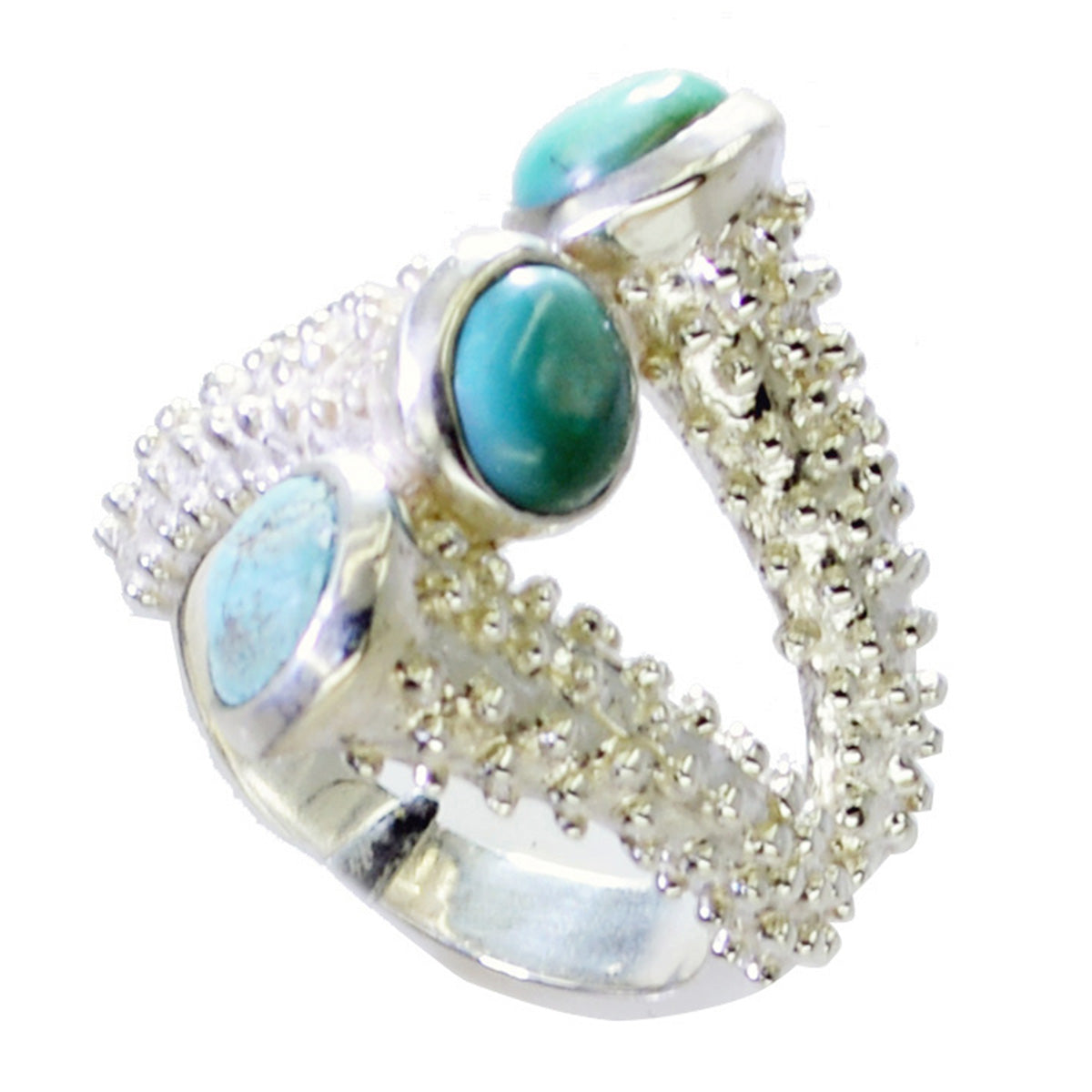 Natalie contemporary turquoise trio ring with three turquoise stones and intricate silver detailing