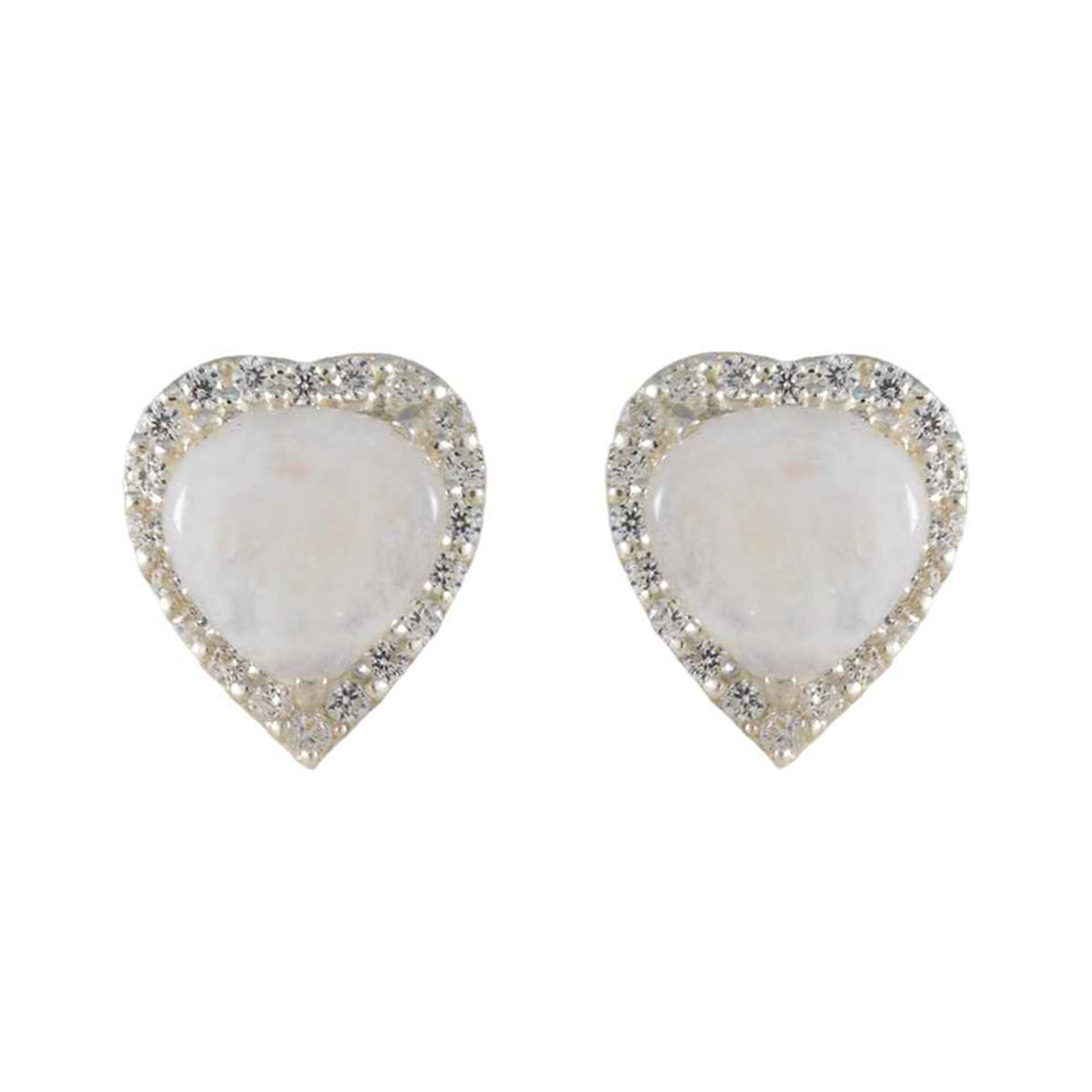 Ines Dainty Stud Earrings India - Sparkling Heart Design Rainbow Moonstone White Stud