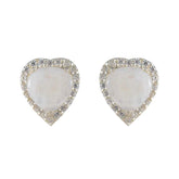 Ines Dainty Stud Earrings India - Sparkling Heart Design Rainbow Moonstone White Stud