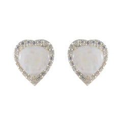 Ines Dainty Stud Earrings India - Sparkling Heart Design Rainbow Moonstone White Stud