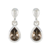 Yasmin Elegant Solitaire Stud Earrings in Silver Smoky Quartz Brown Stud