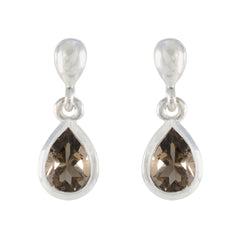 Yasmin Elegant Solitaire Stud Earrings in Silver Smoky Quartz Brown Stud